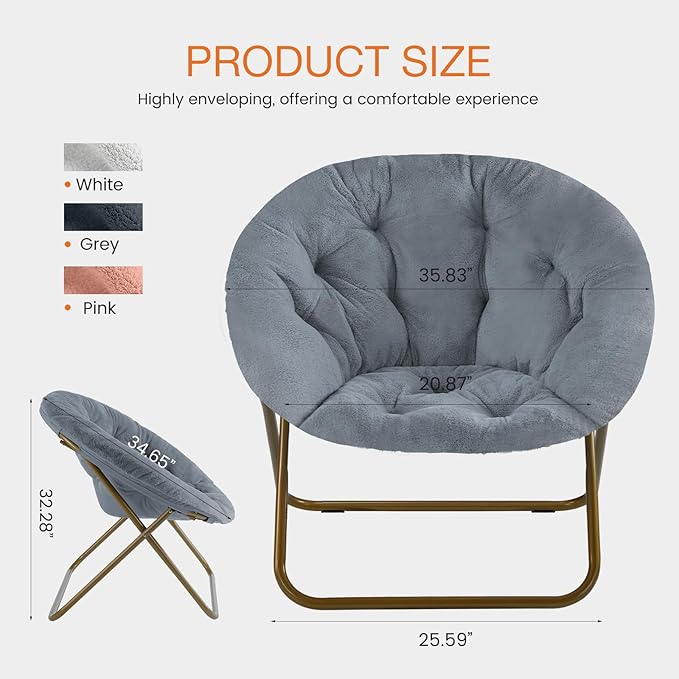 NEWBULIG Comfy Saucer Chairs Soft Lounge Cute Folding Bedroom Living Room Seat Flexible Reading Foldable Seating for Adults Thick Padded Metal Frame Modern for Home Office Gray