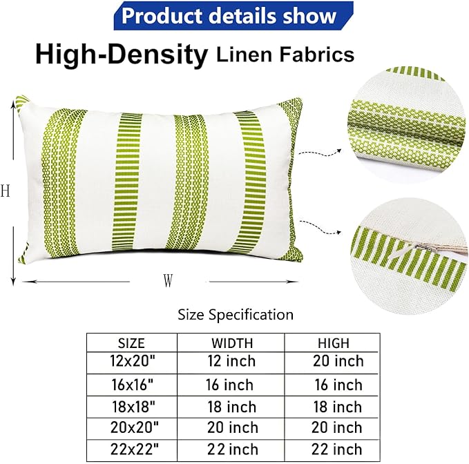 Decorative Throw Pillow Covers Set of 2 Grass Green Boho Striped Pillow Covers 12x20 Inch Throw Pillow Cover Linen Pillowcase Farmhouse Outdoor Pillow Covers for Couch Sofa Living Room