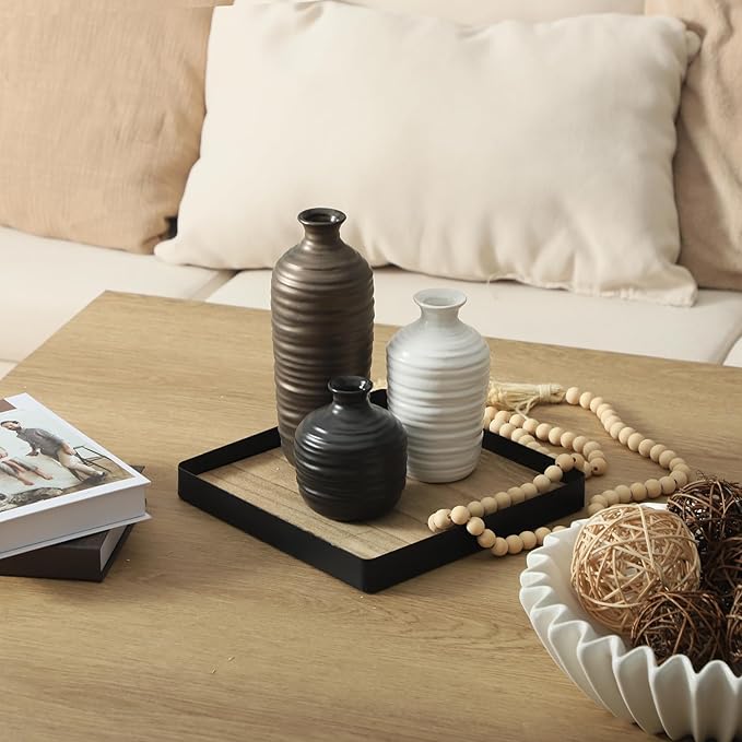 Ceramic Vase Set of 3 Neutral Decorative Vase for Farmhouse, Boho, or Rustic Home Decor Pottery Vases for Living Room Bathroom Table Mantel Fireplace Entryway Shelf (01-Metallic)