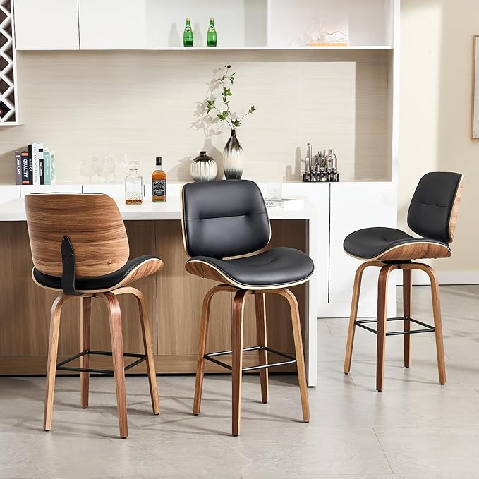 Mid Century Modern Bar Stools Set of 1, 29.5'' Bar Height Swivel Stools with Bentwood Legs, Faux Leather Upholstered Bar Chairs with Footrest for Kitchen Island & Countertops, Black