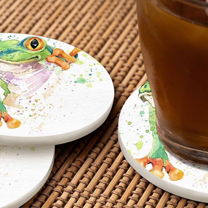 Cute Frog Coasters for Coffee Table Watercolor Funny Wild Animal Splash Stain Smile Pet Sketch Classic Housewarming Presents for Women Men Home Decor Office Kitchen Living Room 2 Pcs