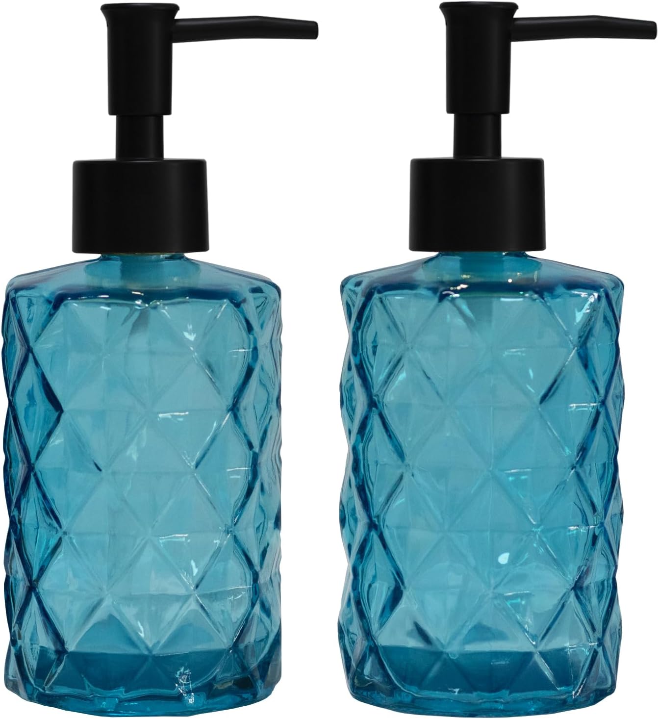 Blue Glass Soap Dispenser with Black Plastic Pump, 12oz Refillable Liquid Hand Soap Dispenser, 2 Pack Crystal Lotion Bottle for Modern Home Decor, Bathroom, Kitchen Countertop, Hotel