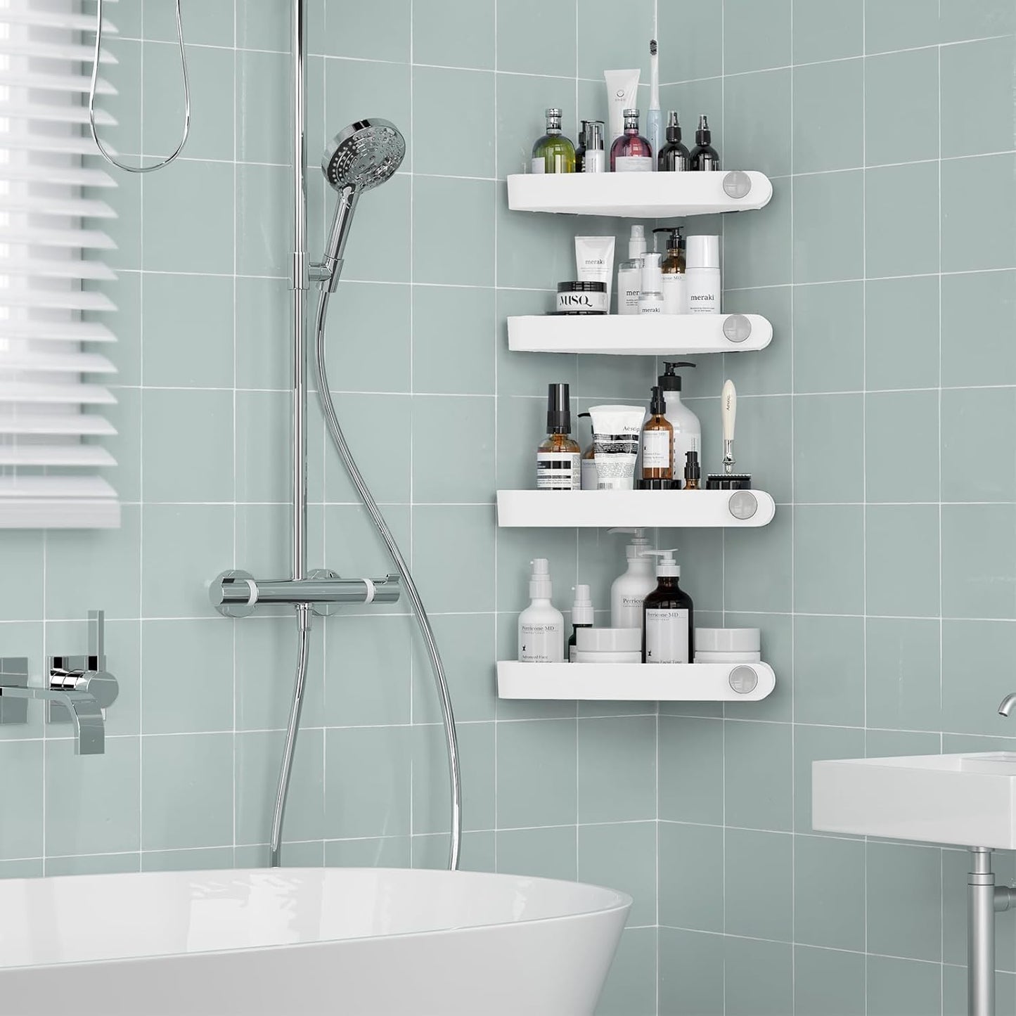 Sotfamily Shower Caddy Corner, 4 Pack Adhesive Corner Shower Shelves for Bathroom Organizers and Storage, Rust Free Plastic Rack for Bathroom Accessories & Decor, White