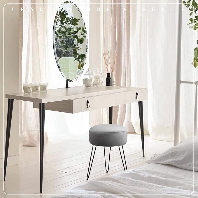 LUE BONA Vanity Stool, Gray Vanity Stools for Makeup Room, Round Ottoman Foot Stool, Velvet Footrest Vanity Chair for Bathroom Vanity, Bedroom, Living Room, Entryway, Offices