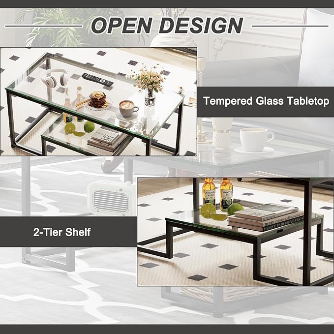 Coffee Table Black Glass Coffee Table for Living Room,2 Tiers Rectangle Center Table with Sturdy Metal Frame,Modern Tempered Glass Accent Table for Bedroom Home Office