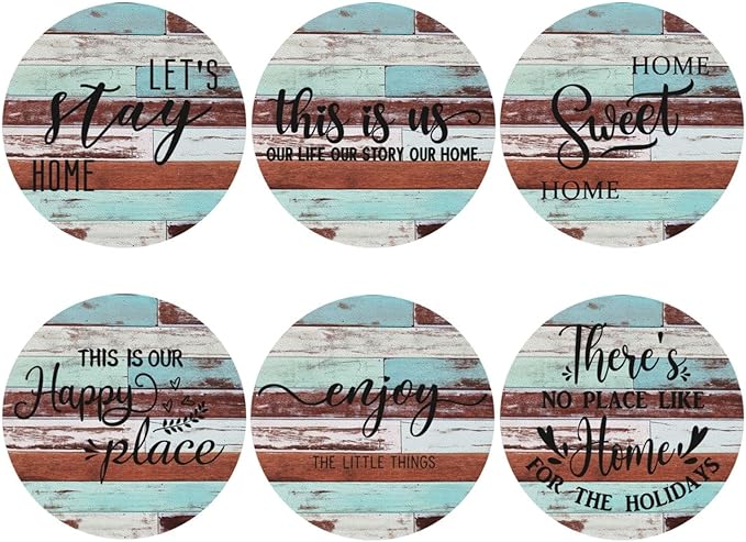 Farmhouse Wooden Home Coasters Set of 6 Coasters for Drinks Absorbent Double-Sided Leather PVC Coaster for Tabletop Protection Coffee Table Decor Ideal for Home Decor House Warming Gifts