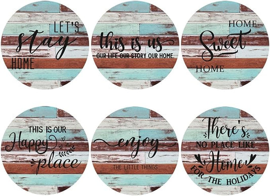 Farmhouse Wooden Home Coasters Set of 6 Coasters for Drinks Absorbent Double-Sided Leather PVC Coaster for Tabletop Protection Coffee Table Decor Ideal for Home Decor House Warming Gifts