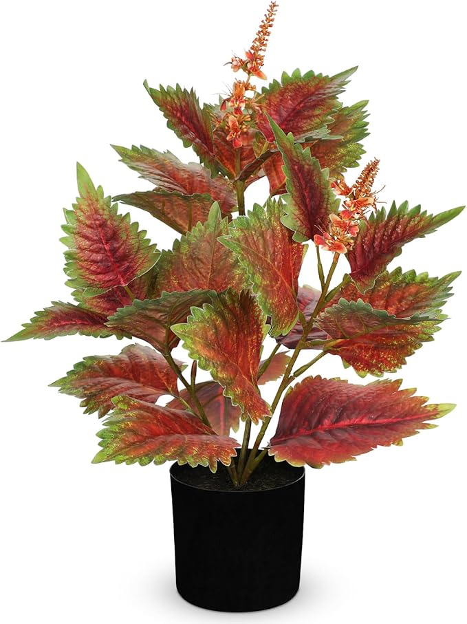 Artificial Plants Indoor with Pot 16.9" Faux Potted Perilla Plants Indoor Decorative Silk Greenery in Black Pot for Farmhouse Home Bathroom Living Room Office Table Shelf Decor