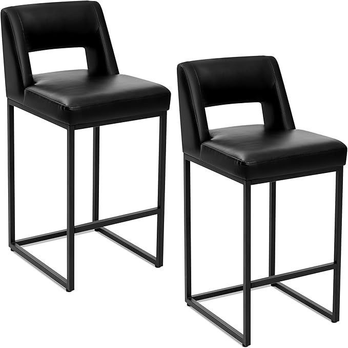 Counter Height Black Bar Stools Set of 2 for Kitchen Counter Modern Bar Chairs with Backs for Kitchen Island with Upholstered Faux Leather Seat and Metal Frame, 26 Inch