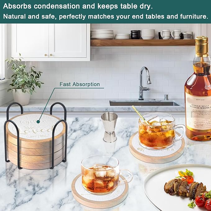 Wood Coasters for Drinks Housewarming Gifts for Home Decoration Absorbent Coasters with Holder for Coffee Tabletop Protection 4.3 Inch White