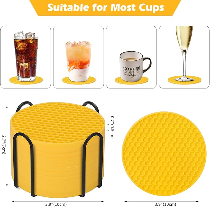 Silicone Coaster Set of 12 with Holder, Drinks Coasters, Beer & Coffee, Suitable for All Cups, Hot or Cold, Anti-Slip, Non-Stick, Anti-Overflow Tabletop Protection and Decor (12 Pcs, Yellow)