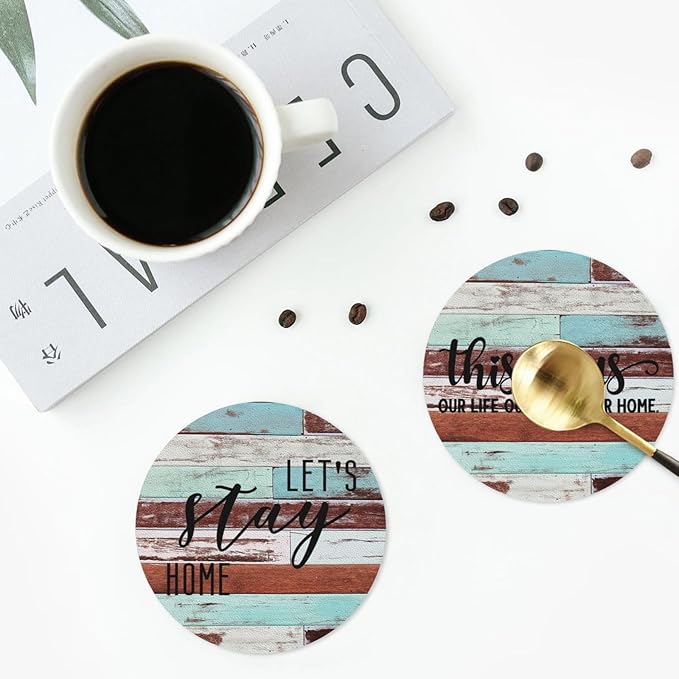 Farmhouse Wooden Home Coasters Set of 6 Coasters for Drinks Absorbent Double-Sided Leather PVC Coaster for Tabletop Protection Coffee Table Decor Ideal for Home Decor House Warming Gifts