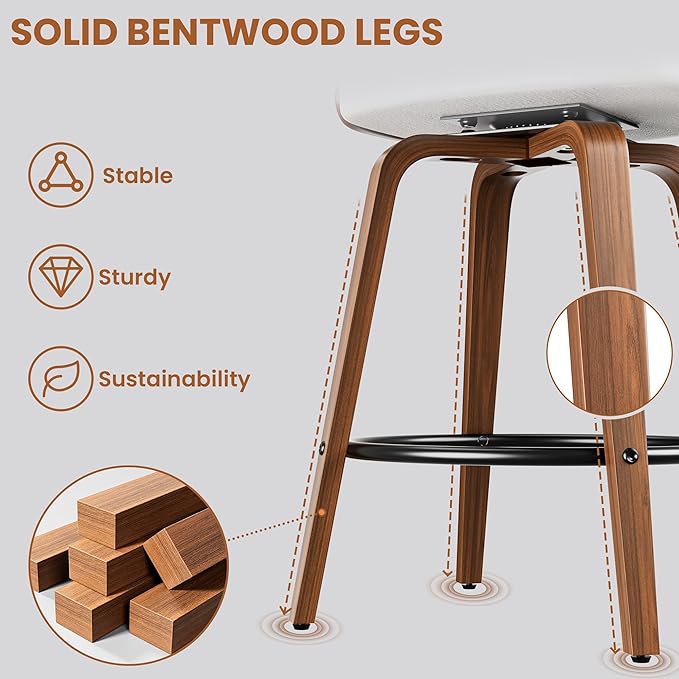 Bar Stools Set of 4, 26" Counter Height Barstools with Bentwood Legs, Swivel Counter Stools with Back, Mid Century Modern Faux Leather Upholstered Bar Chairs for Kitchen Island, White