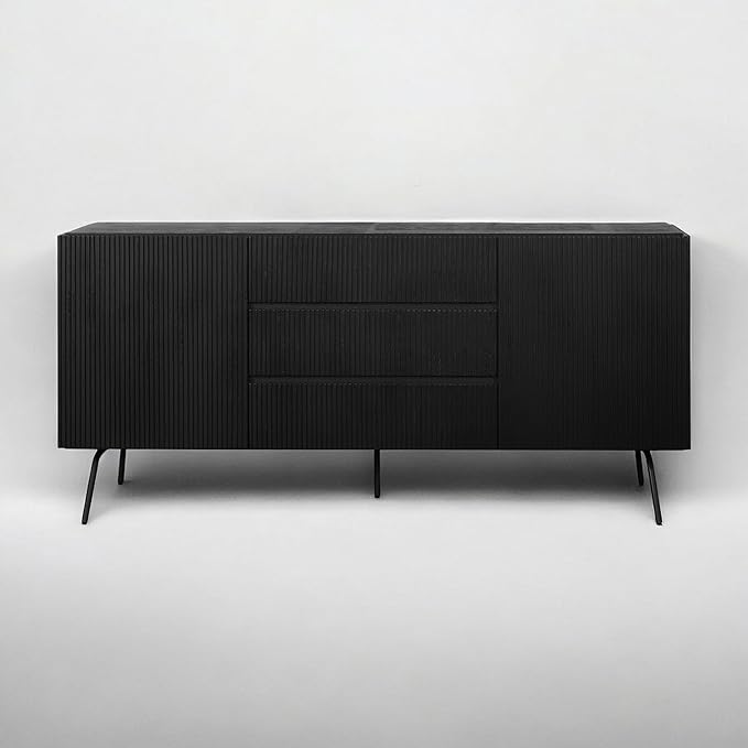 NTC Veil Sideboard with 2 Doors and 3 Drawers, Buffet Cabinet with Vertical Groove Design and Metal Legs, Storage Cabinet for Living Room, and Entryway, Effortless Assembly - Burnt Black