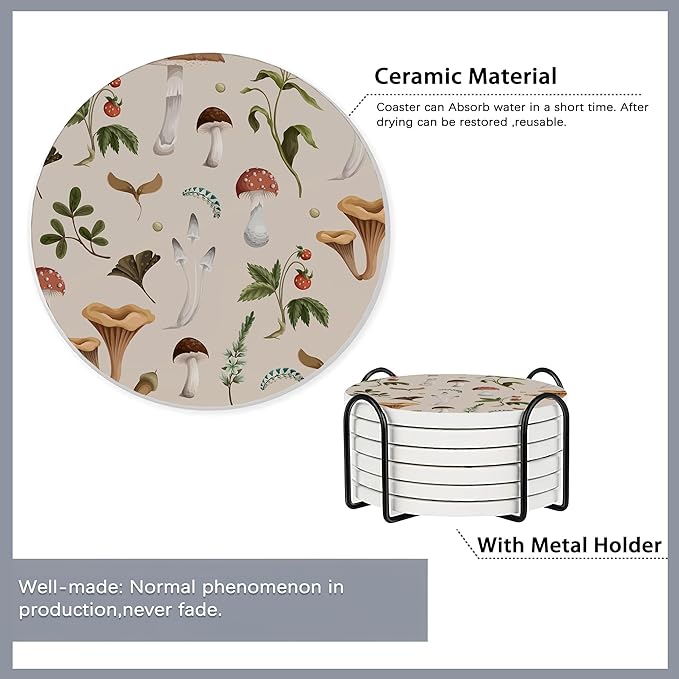 6 Pcs Coasters for Drinks with Holder,Retro Mushrooms Berries and Bugs Absorbent Coaster with Cork Backing,Great Gift for Housewarming,Room Decor,Bar,Holiday Party