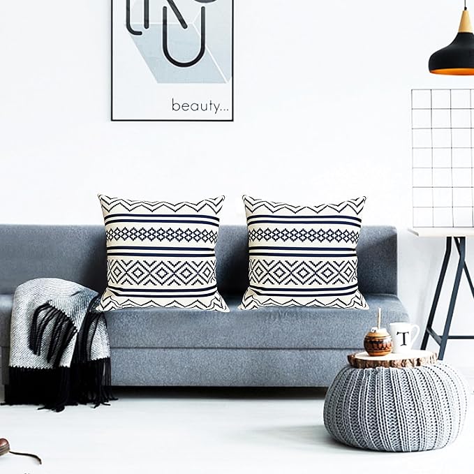 Decorative Throw Pillow Covers Set of 2 Blue Boho Pillow Covers 16x16 Inch Throw Pillow Cover Linen Pillowcase Modern Farmhouse Outdoor Pillow Covers for Couch Sofa Bed Living Room