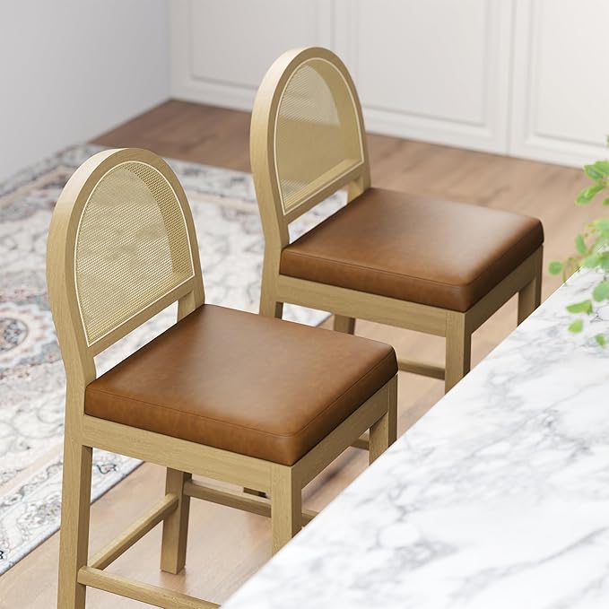 STHOUYN Upholstered Rattan Bar Stools Set of 2, Wooden Counter Height Bar Stools with Natural Rattan Woven Back and Faux Leather Seat, Mid-Century Modern Island Chairs Barstools for Kitchen (2, Brown)