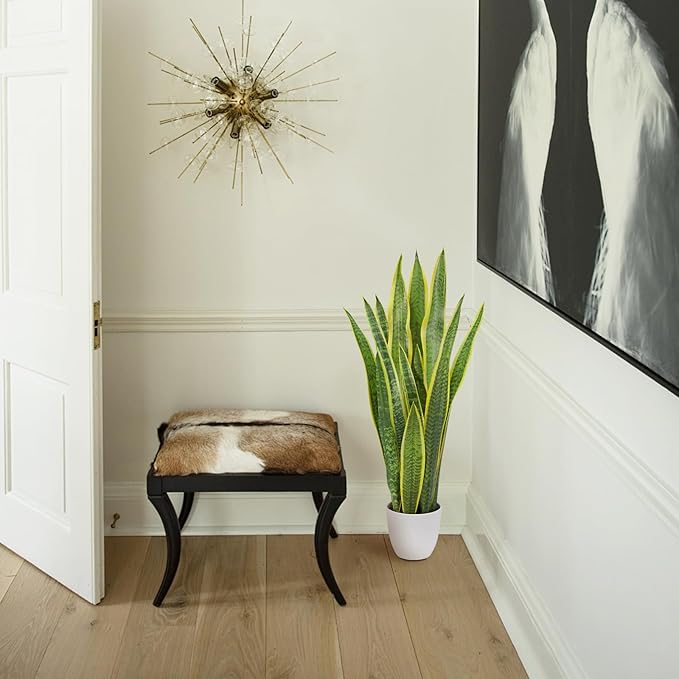 Hollyone 2 Set Artificial Snake Plant Potted, 28 Inch Faux Sansevieria Trifasciata Plants Large Tall Tropical Fake Snake Plant Tree in White Pots for Home Office Room Patio Garden Indoor Outdoor Decor