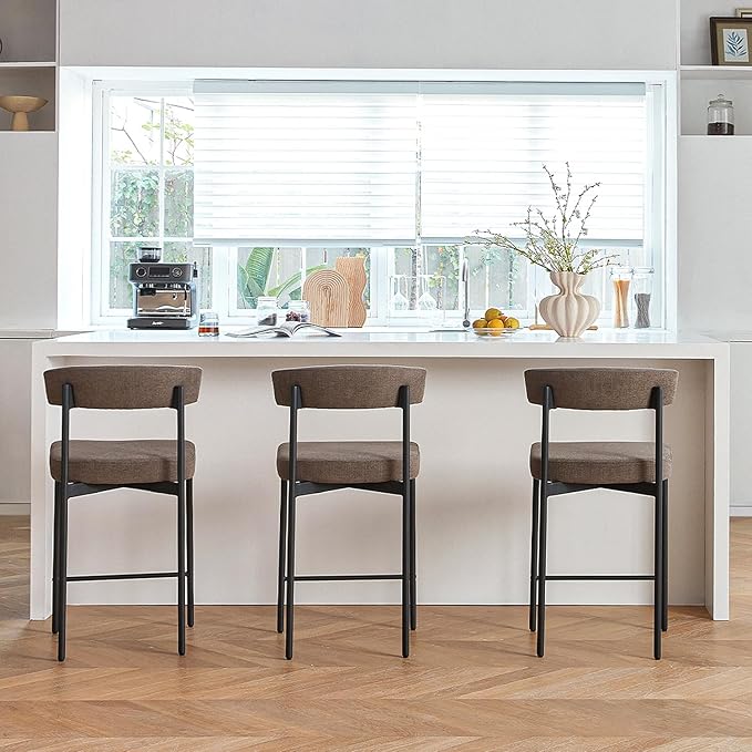 Grey Modern Bar Stools Set of 3, 24 Inch Counter Stools with Curved Backrest, Counter Height Bar Stools for Kitchen Island