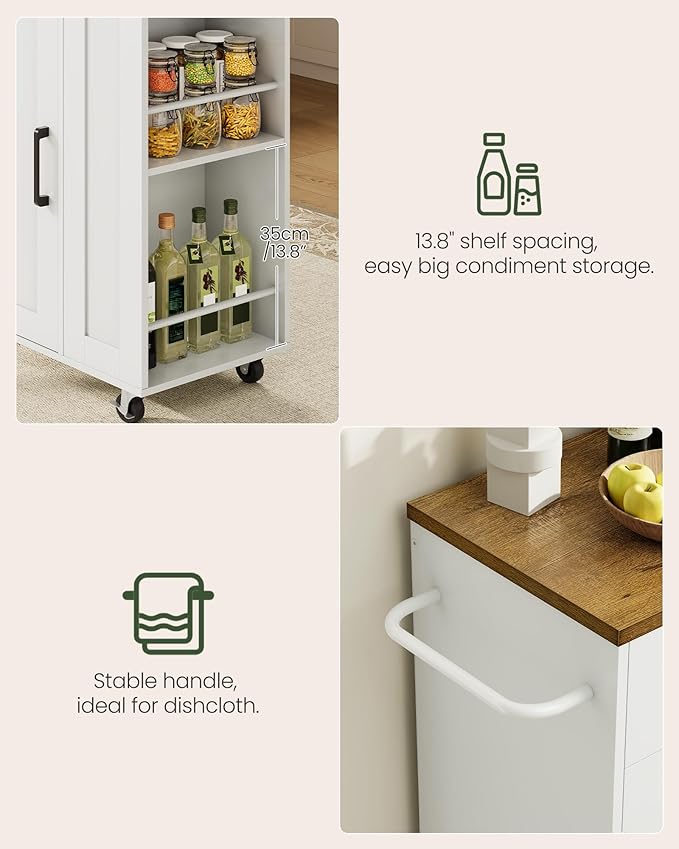 Kitchen Island Cart with Storage, Kitchen Cabinet, Mobile Kitchen Island, Storage Trolley for Kitchen with Hidden Trash Bin Cabinet, for Dining Room, White and Walnut MZD06WL