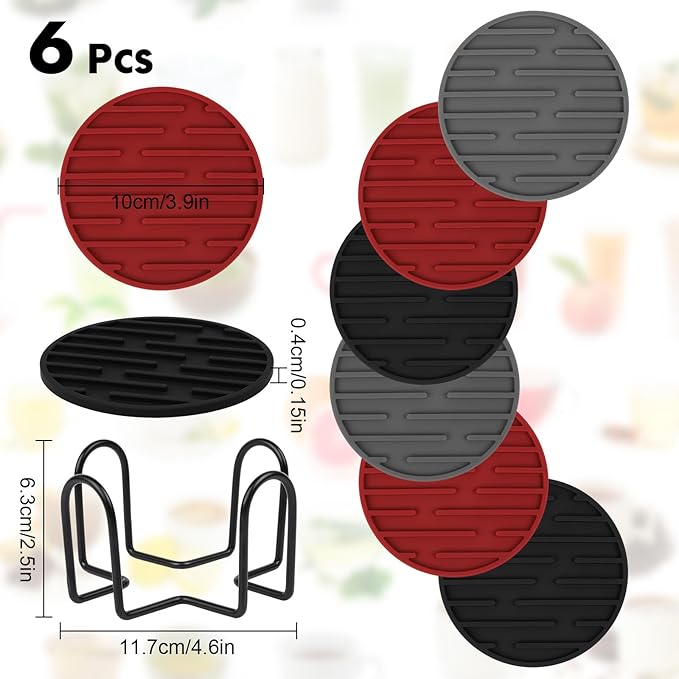 Silicone Coasters for Drinks Coaster Set of 6 pcs Cup Coasters with Holder for Coffee Table for Home Decor for Kinds of Cups Cute Tabletop Protection Suitable Gift for Friend Rubber Drink Coaster Set