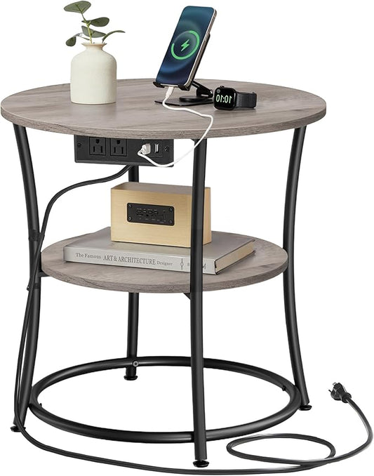 VASAGLE Side Table, 2-Tier Round End Table with Power Outlets, Nightstand with Steel Frame for Small Spaces, Living Room, Bedroom, Heather Greige and Ink Black ULET077L01