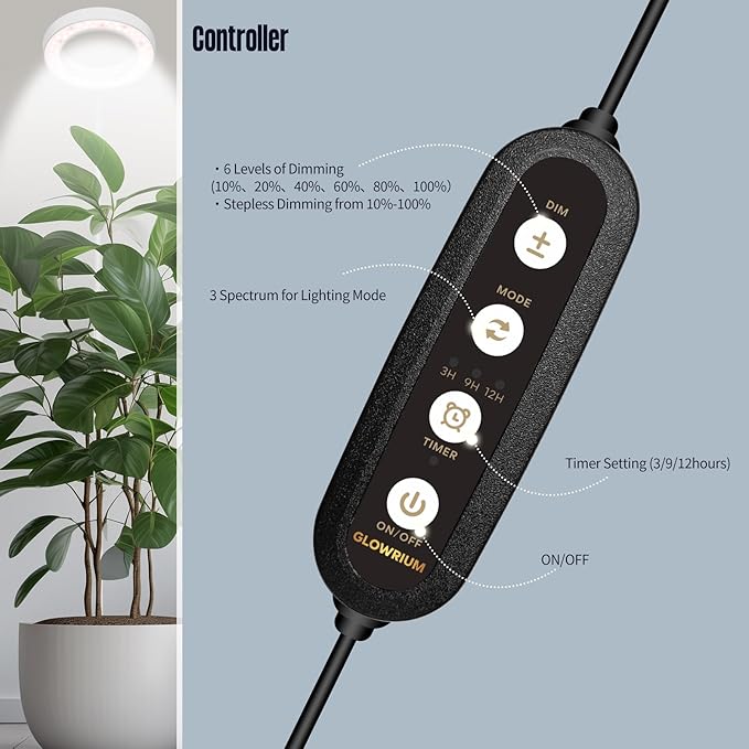 GLOWRIUM Grow Lights for Indoor Plants, 36W Full Spectrum 2-Head LED Plant Light with Stand, Adjustable Height, 3/9/12H Timer, 6 Dimmable Levels & 3 Lighting Modes(Black-Double Head)