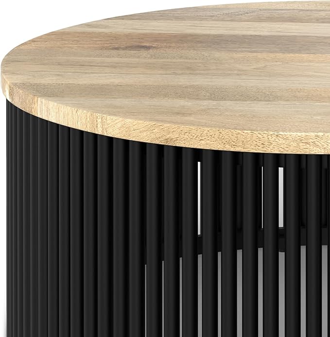 SIMPLIHOME Demy Coffee Table - 35 inch Wide Industrial Contemporary Round Cocktail Table in Natural and Black, Sculptural Living Room Table with Wood Veneer Top and Powder Coated Metal Base, Assembled