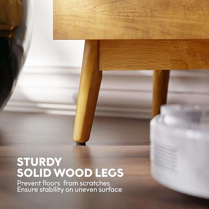 Calista TV Stand 1 Drawer 2 Door – Teak Brown Finish Media Console with Open Shelf & Fabric Panel Doors, Mid-Century Modern Style with Tapered Legs, Easy Assembly