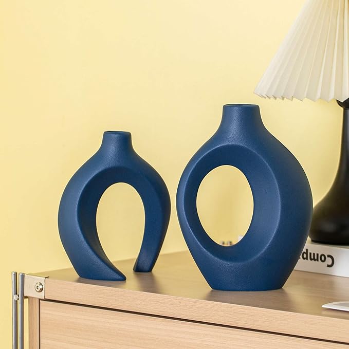 Snuggle Hollow Ceramic Vase Set of 2, 8.4 inch Modern Nordic Coastal Shaped Pampas Grass Aesthetic Decorative Table Vases for Home Decor (Matte Navy Blue - M)