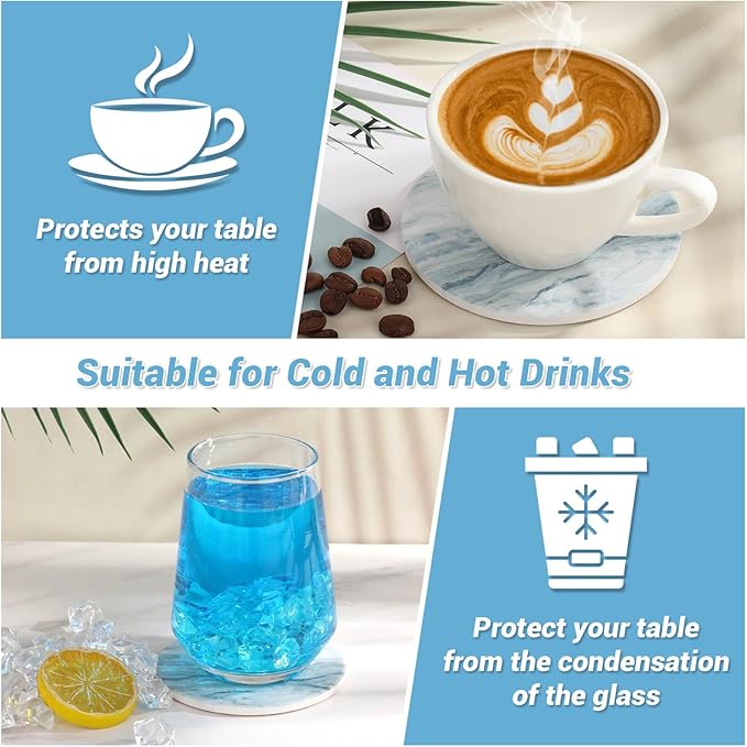 Acejoz Drink Coasters with Holder for Coffee Table, Absorbent Coasters Set of 6, Marble Style Ceramic Coaster for Wooden Table, Suitable for Kinds of Cups, Home Decor, 4 Inches(Blue)