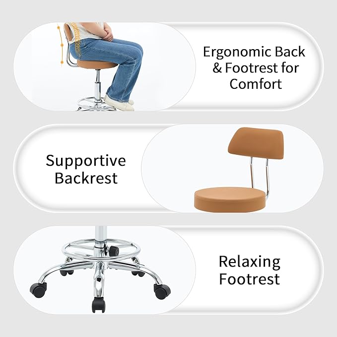 Ergonomic Desk Stool(Sturdy Rolling Stool with Back)(Swivel Armless Office Chair 19.5"-26.6") Adjustable Footrest Salon Chair (Camel Brown)
