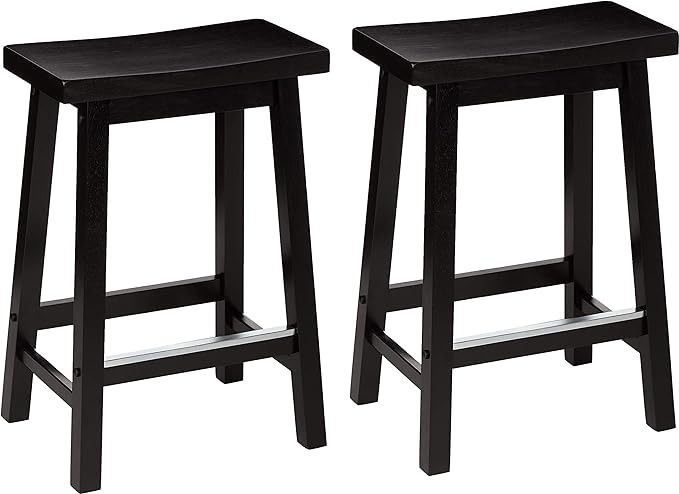 Amazon Basics Solid Wood Saddle-Seat Kitchen Counter Barstool with Footrest, Easy Assembly - 24-Inch Height - Black - Set of 2