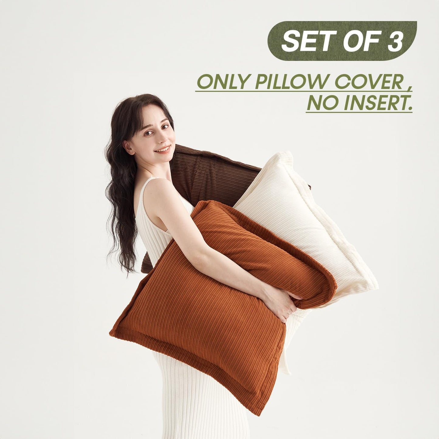 Set of 3 Vintage Big Pillow Covers 24x24inch, Super Soft Striped Corduroy Boho Large Cushion Cases, Ideal for Spacious Living Areas & Bedrooms & Farmhouse（Earthy Brown, Rust & Cream）
