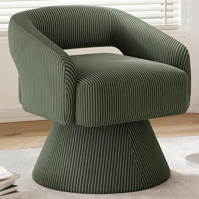 LINSY Swivel Barrel Chair, 360° Modern Swivel Accent Chair with Arms, Boucle Swivel Chair Green Corduroy Chairs for Bedroom Living Room Small Spaces