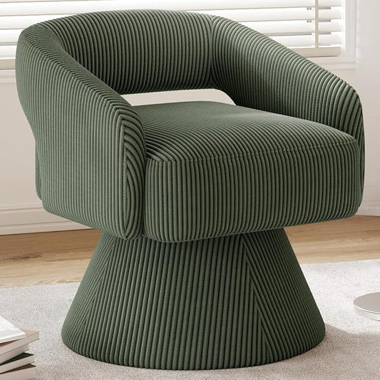 LINSY Swivel Barrel Chair, 360° Modern Swivel Accent Chair with Arms, Boucle Swivel Chair Green Corduroy Chairs for Bedroom Living Room Small Spaces