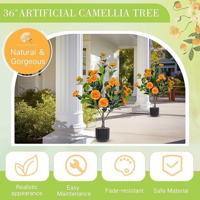 Jexine 2 Pack 36" Artificial Tree with Camellia, Fake Tree with 24 Blooming Flowers, Flower Plants Tree Faux Floral Plant Tree in Cement Pot for Indoor Outdoor Office Home Porch Decor (Orange, 36")