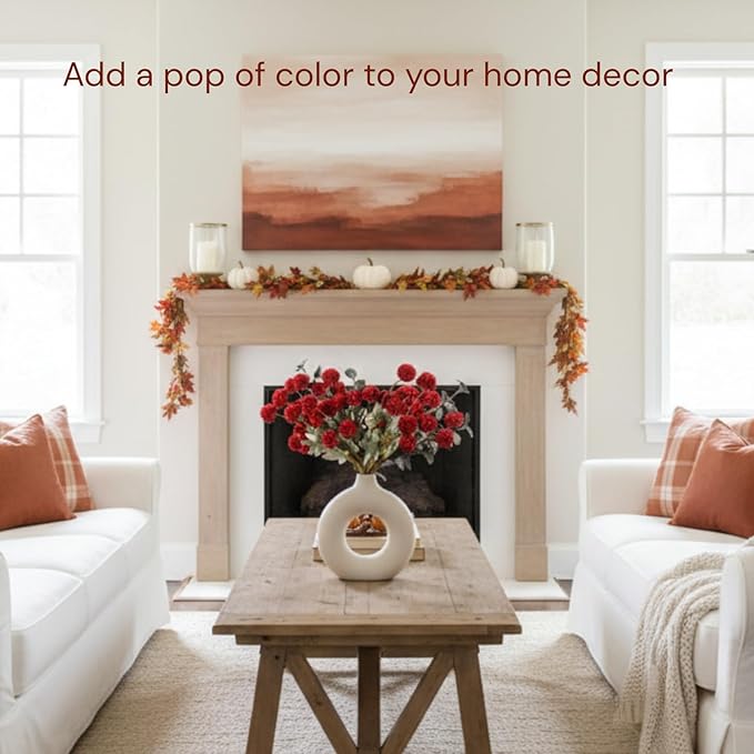 RyddeligHome Burgundy Flowers Artificial 10 Long Stems + Eucalyptus, Thanksgiving Centerpieces for Tables, Wine Colored Silk Flowers for Burgundy Decor, Fall Table Centerpieces, Dark Red Faux Mums