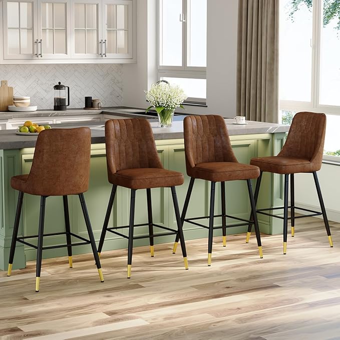 27" Bar Stools Set of 4 - Counter Height Bar Stools Set of 4,Faux Leather Kitchen Island Stools with Sturdy Chrome Metal Leg,Counter Height Stools with Backs,Easy to Assemble