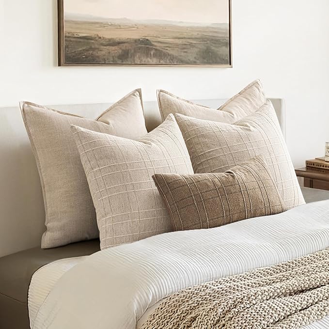 MIULEE Decorative Linen Check Lumar Throw Pillow Covers Neutral Farmhouse Vintage Pillow Covers 12x20 Set of 2 Boho Modern Winter Home Decor for Sofa Couch Bedroom Cushion Light Brown