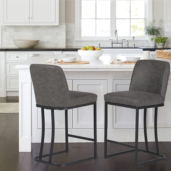 PHI VILLA Dark Grey Bar Stools Set of 2, Faux Leather Counter Height Chairs, Kitchen Stools for Island, 24 Inch Barstools with Back