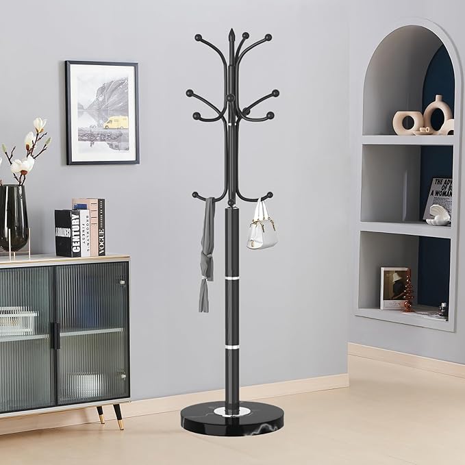 Metal Coat Rack Freestanding, Sturdy Coat Rack Stand with Natural Marble Base, Modern Black Coat Racks Tree Hats Hanger Holder Stand for Entryway, Hallway, Office(12 Hooks)
