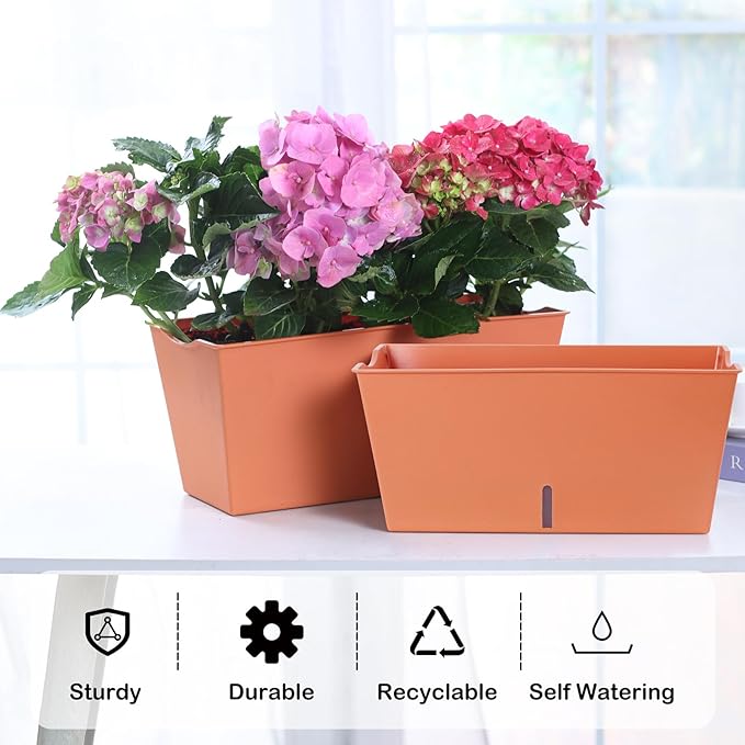 Window Box Planter 6 Pcs, 16.5 Inches Self Watering Rectangle Flower Plant Pots with Drainage Holes Trays, Vegetable Planters for Windowsill Patio Garden Balcony Porch Yard (Orange)