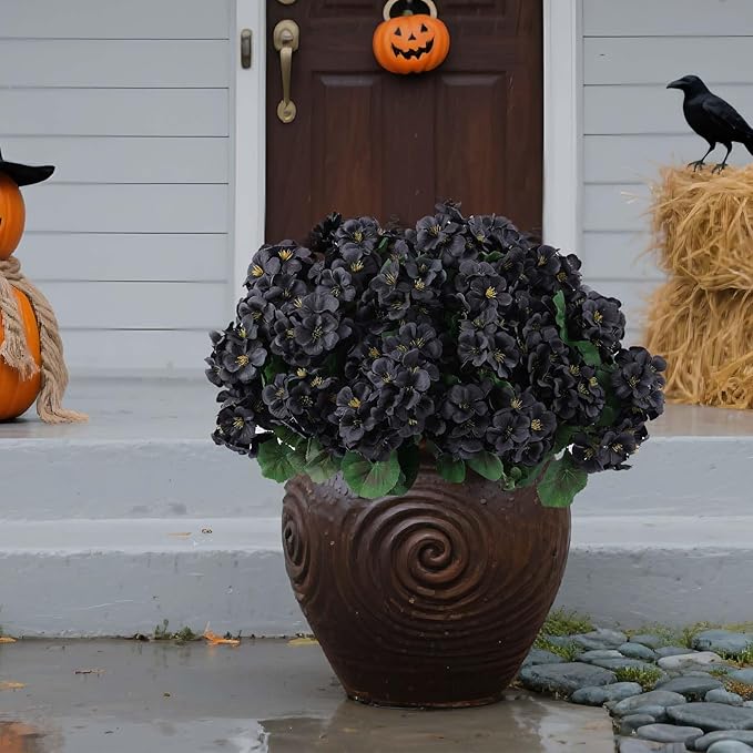 Hananona 12 Bundles Artificial Geranium Flowers for Outdoors Black Silk Geranium Flowers Outdoor UV Resistant Plants Faux Black Flower for Home Kitchen Halloween Table Centerpieces Decor (12, Black)