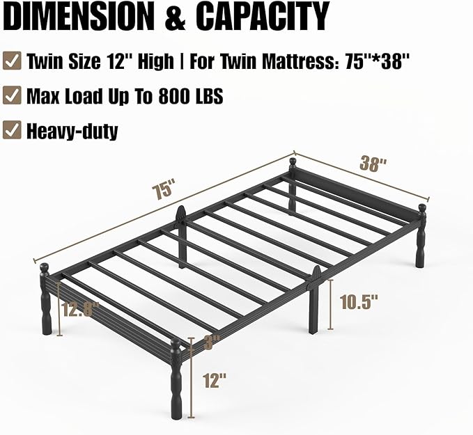 12 Inch Twin Size Bed Frames Keep Mattress from Sliding, Twin Platform Bed Frame No Box Spring Needed, Heavy Duty Metal Bedframe, Non-Slip, Easy Assembly
