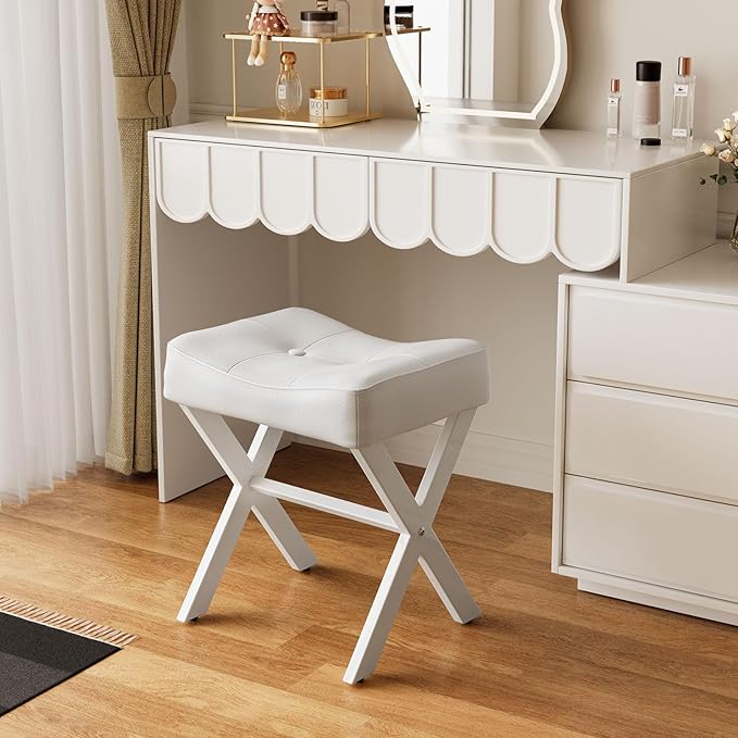 18-Inch Leather Vanity Stool Chair, Vanity Bench with Metal X-Leg, Ottoman Accent Stool with Thick Padded Saddle Seat, White