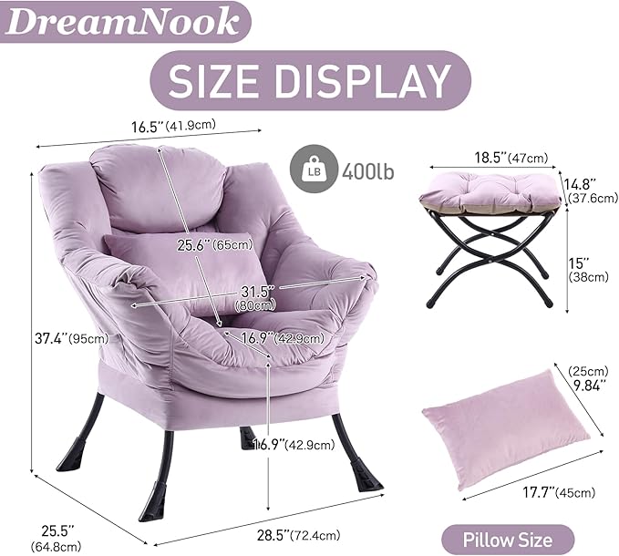Lazy Chair with Ottoman, Modern Accent Chair with Lumbar Pillow, Comfy Chairs with Folding Footrest for Bedroom, Reading, Oversized Supportive Lounge Chairs(Velvet Light Purple)
