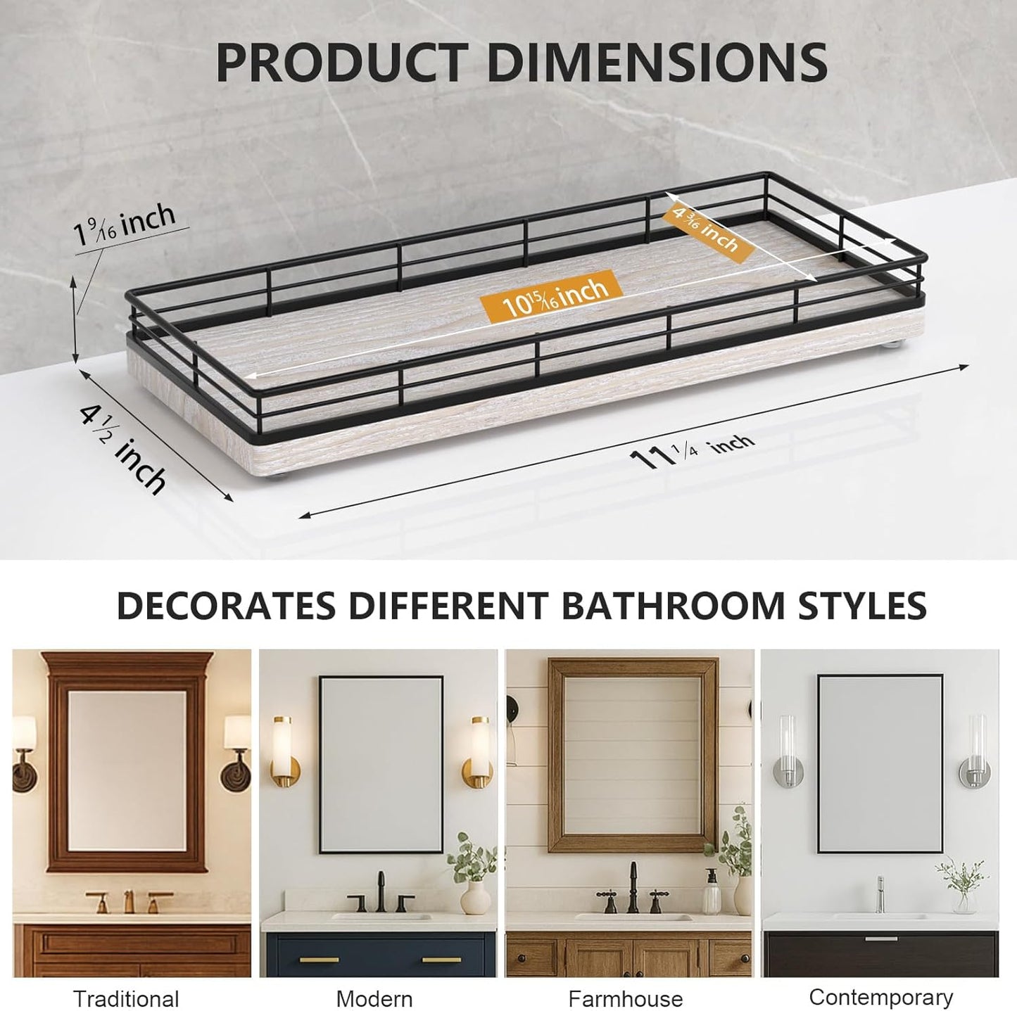 Bathroom Tray for Counter Top Organizer – Ash Wood Vanity Tray with Metal Frame for Dresser, Kitchen, Nightstand – Black & Farmhouse White Decorative Storage