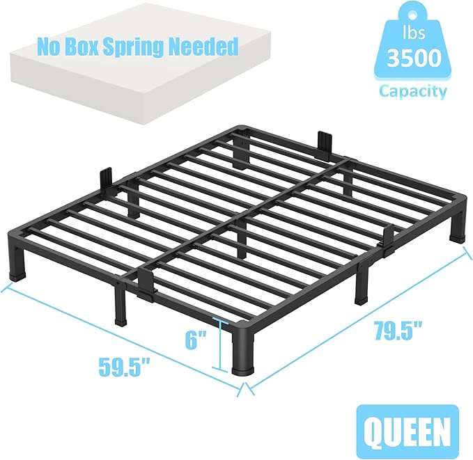FUIOBYVV 6 Inch Queen Bed Frame with Round Corner Edge Legs 3500 lbs Metal Heavy Duty Steel Slats Support No Box Spring Needed Platform Noise Free Easy Assembly