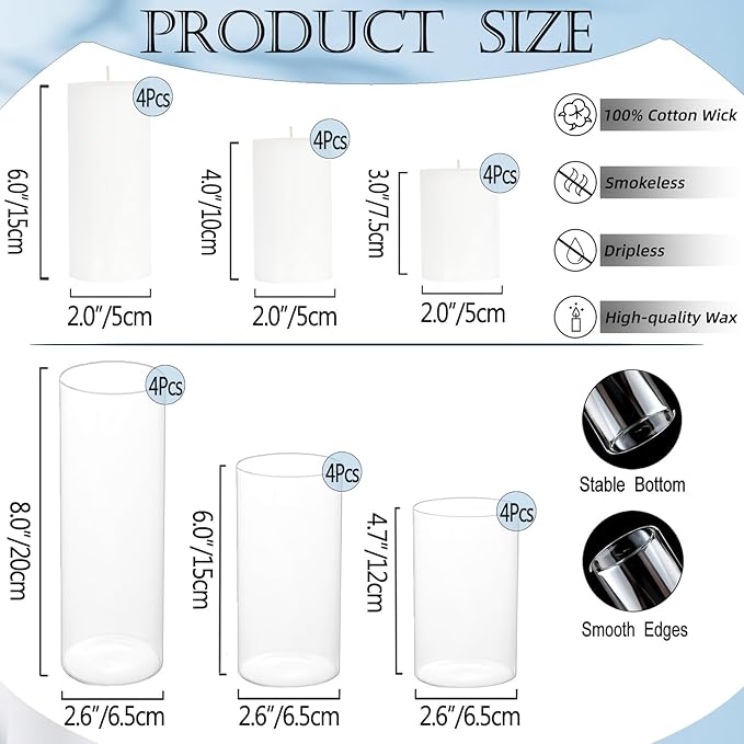 24 Pcs White Pillar Candles and Glass Candle Holders, Clear Cylinder Vases Pillar Candle Holders for Pillar Candles, Hurricane Candle Set for Wedding Party, Event, Home Office Decor